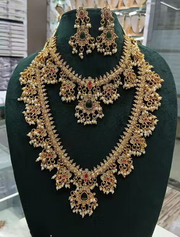 Jewel City Royal Kundan Bridal Necklace Set with Earrings | Multi-Layered Gold-Plated Pearl & Stone Indian Wedding Jewelry for Women - Distacart