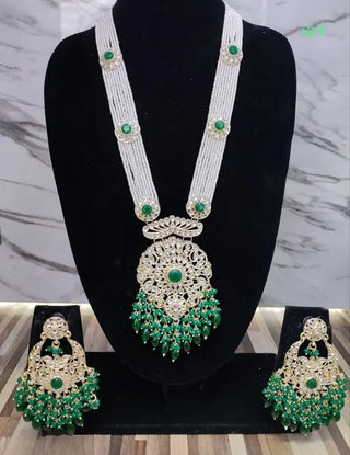 Jewel City Emerald Green Beaded Kundan Necklace Set with Matching Chandelier Earrings Traditional Indian Wedding Jewelry Collection