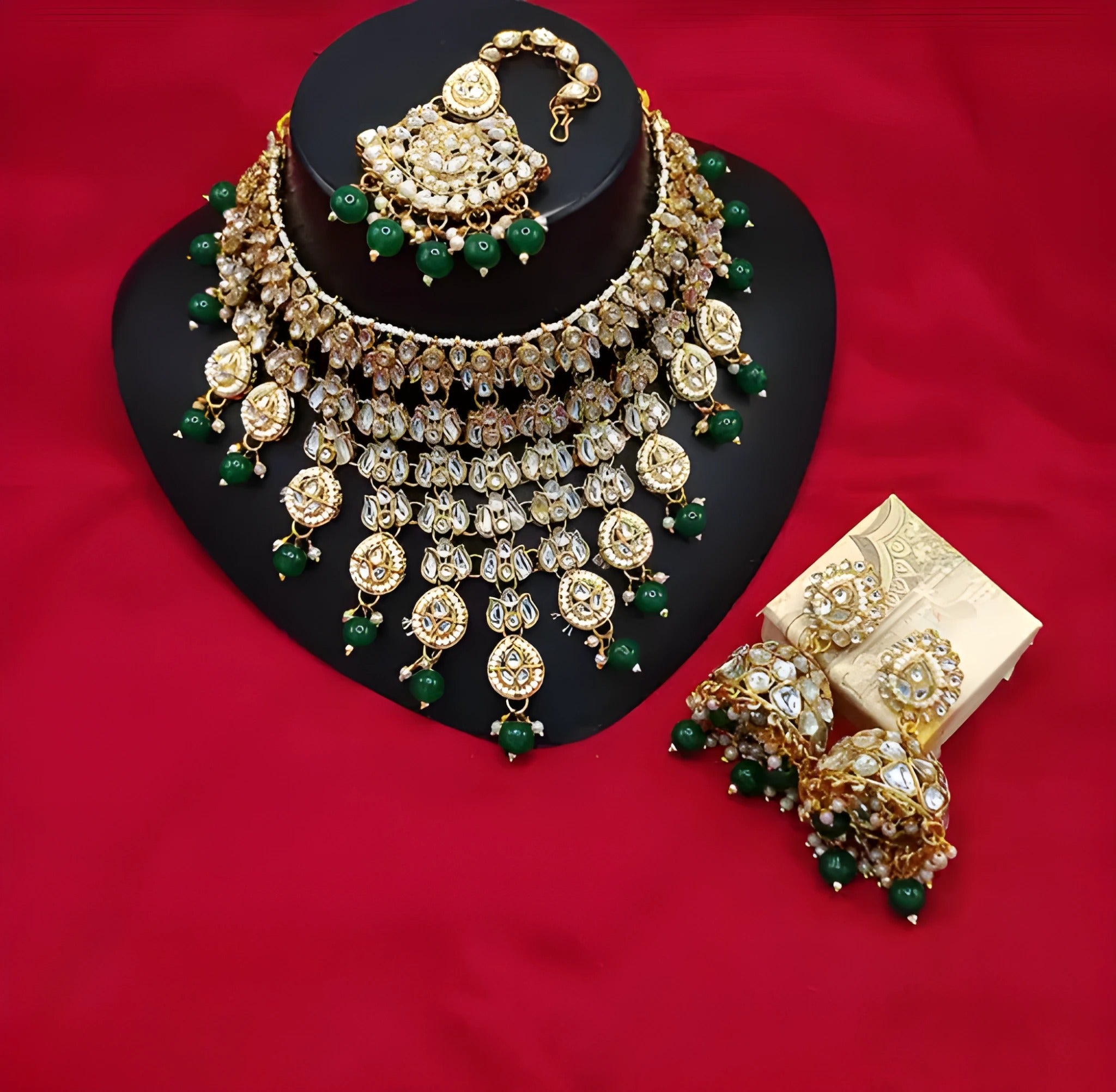 Jewel City Kundan Choker Necklace Set with Maang Tikka & Jhumka Earrings - Traditional Indian Bridal Jewelry Collection Gold-Plated