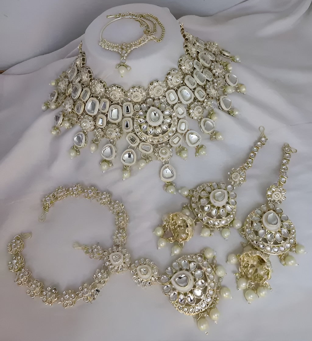 Jewel City Elegant Polki Kundan Bridal Set with Necklace, Earring & Mathapati-Handcrafted Indian Wedding Jewelry with Pearl Accents