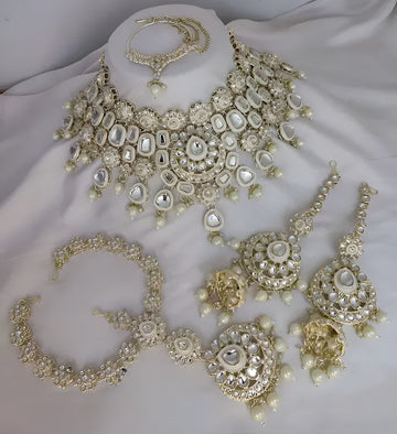 Jewel City Elegant Polki Kundan Bridal Set with Necklace, Earring & Mathapati-Handcrafted Indian Wedding Jewelry with Pearl Accents - Distacart