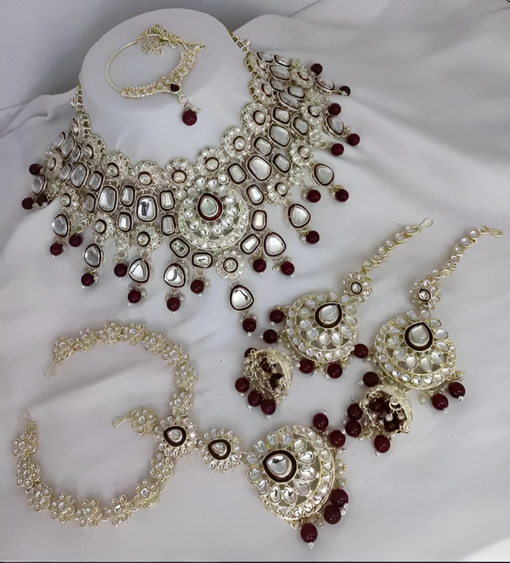 Jewel City Elegant Polki Kundan Bridal Set with Necklace, Earring & Mathapati-Handcrafted Indian Wedding Jewelry with Pearl Accents - Distacart