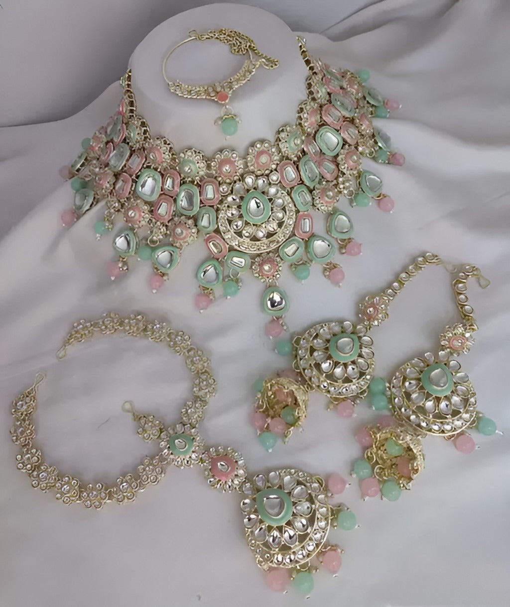 Jewel City Elegant Polki Kundan Bridal Set with Necklace, Earring & Mathapati-Handcrafted Indian Wedding Jewelry with Pearl Accents