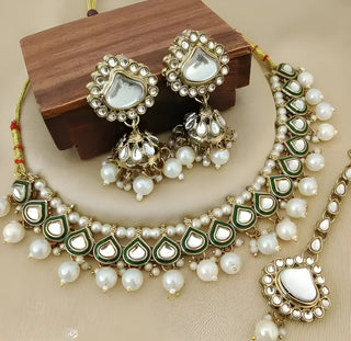 Jewel City Vintage Kundan Pearl Necklace Set with Green Meenakari-Traditional Gold-Plated Indian Jewelry with Earrings & MaangTikka