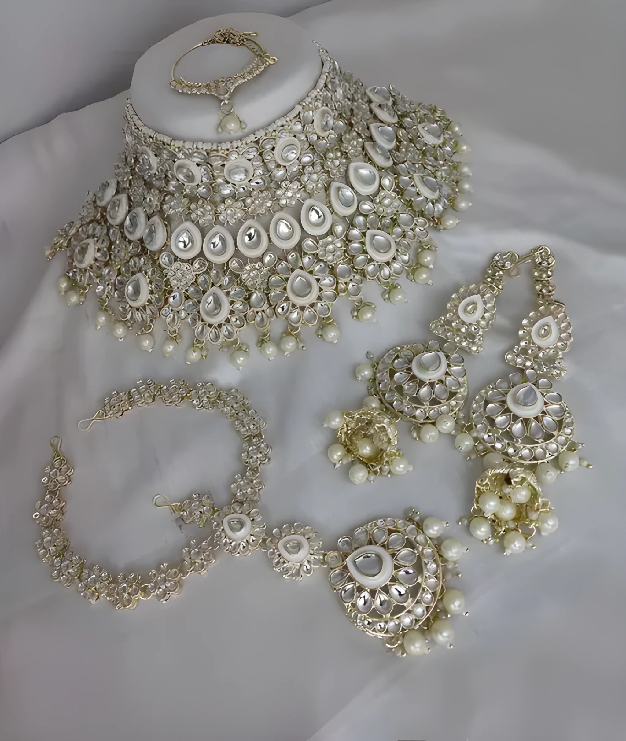 Jewel City Luxurious White Kundan Bridal Set - Complete Semi Wedding Jewelry Collection with Pearl Embellishments