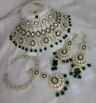 Jewel City Luxurious Green Kundan Bridal Set - Complete Semi Wedding Jewelry Collection with Pearl Embellishments