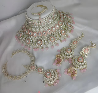 Jewel City Luxurious Rose Quartz Kundan Bridal Set - Complete Semi Wedding Jewelry Collection with Pearl Embellishments