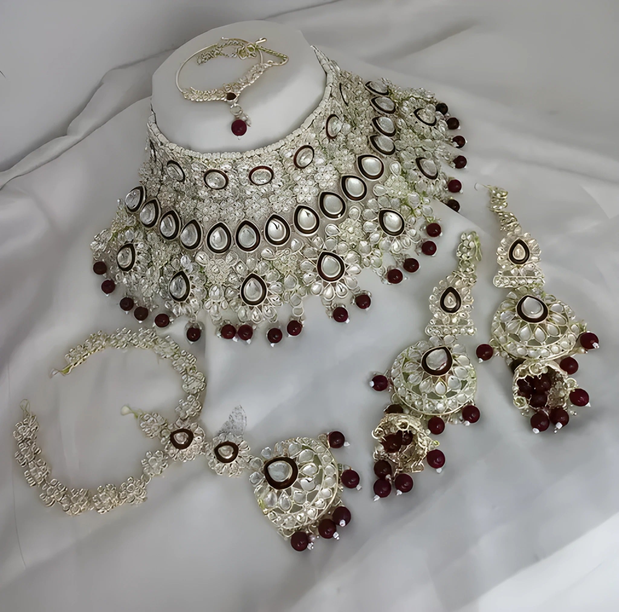 Jewel City Luxurious Maroon Kundan Bridal Set - Complete Semi Wedding Jewelry Collection with Pearl Embellishments