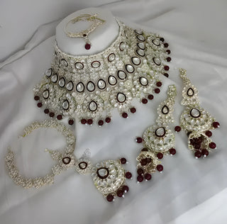 Jewel City Luxurious Maroon Kundan Bridal Set - Complete Semi Wedding Jewelry Collection with Pearl Embellishments