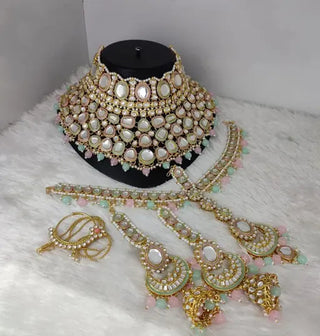 Jewel City Pastel Perfection Kundan Bridal Set - Complete Mother of Pearl Choker with Matching Mathapatti, Earrings
