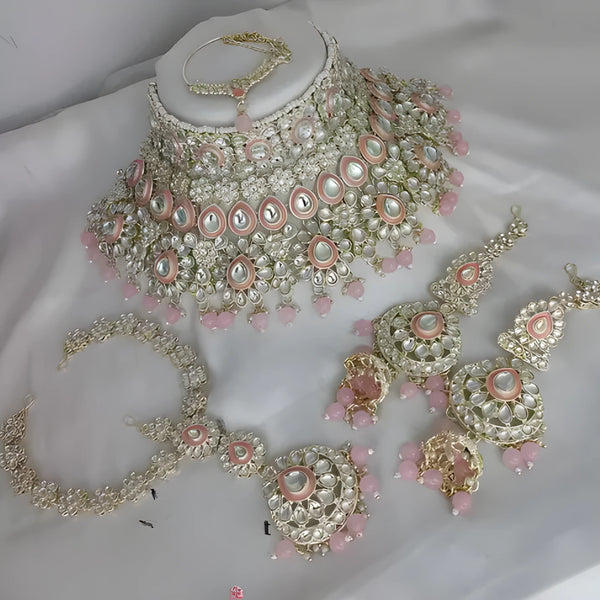 Jewel City Luxurious Rose Quartz Kundan Bridal Set - Complete Semi Wedding Jewelry Collection with Pearl Embellishments
