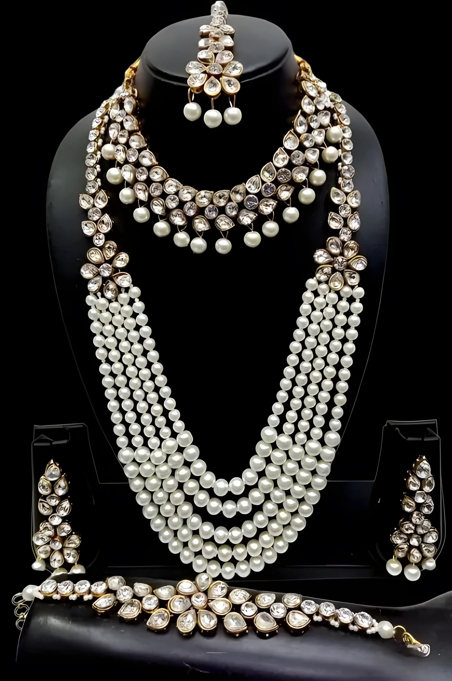 Jewel City Kundan Pearl Bridal Jewelry Set-Traditional Gold-Plated Indian Wedding Necklace Set with Earrings, MaangTikka & Bracelet