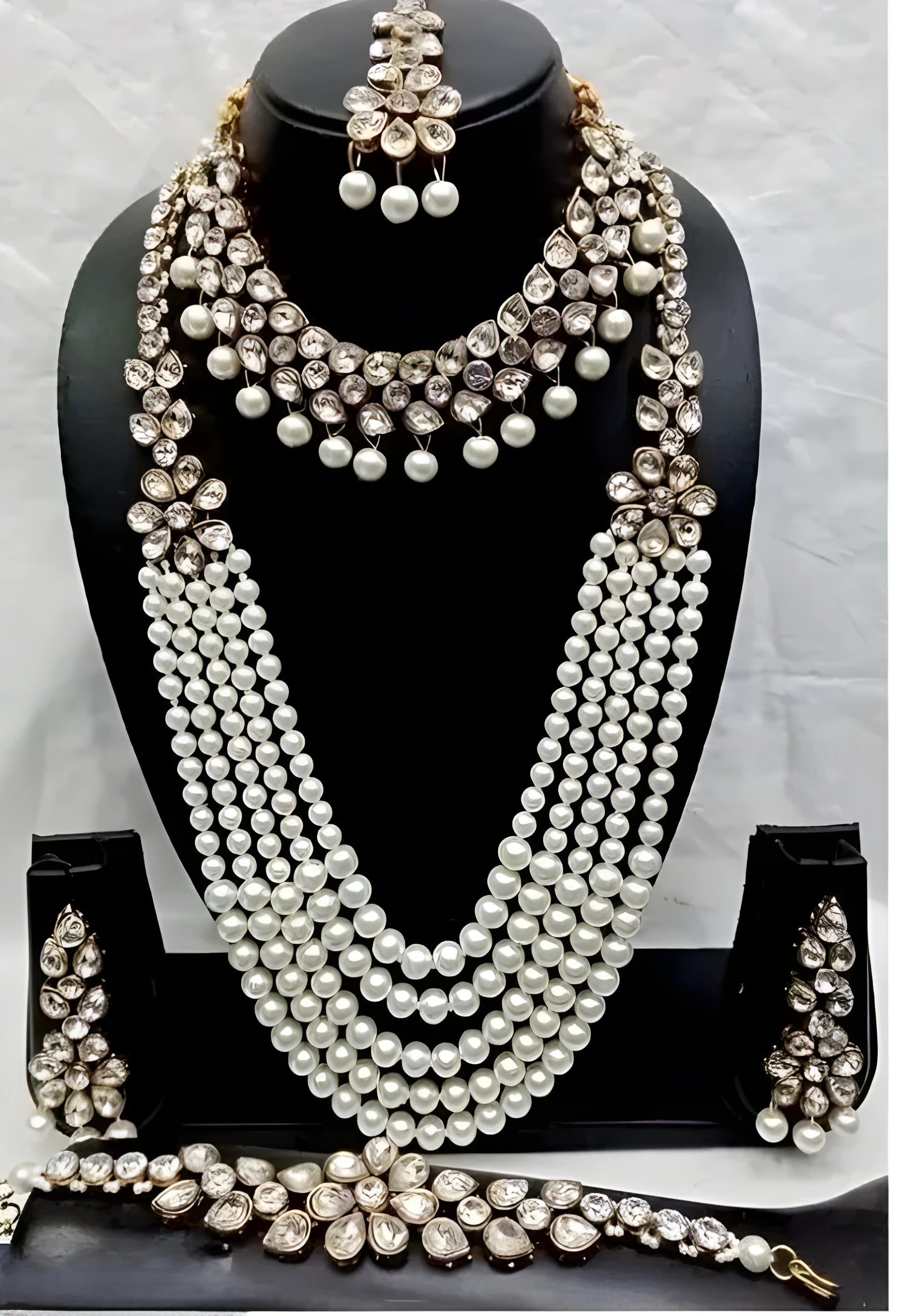 Jewel City Kundan Pearl Bridal Jewelry Set-Traditional Gold-Plated Indian Wedding Necklace Set with Earrings, MaangTikka & Bracelet - Distacart