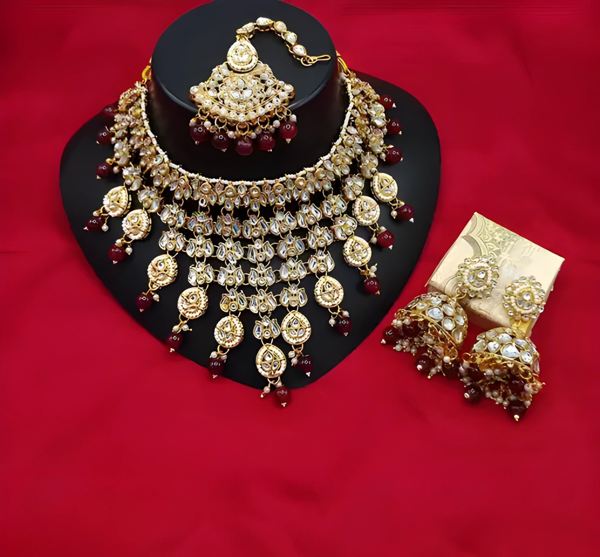 Jewel City Kundan Choker Necklace Set with Maang Tikka & Jhumka Earrings - Traditional Indian Bridal Jewelry Collection Gold-Plated