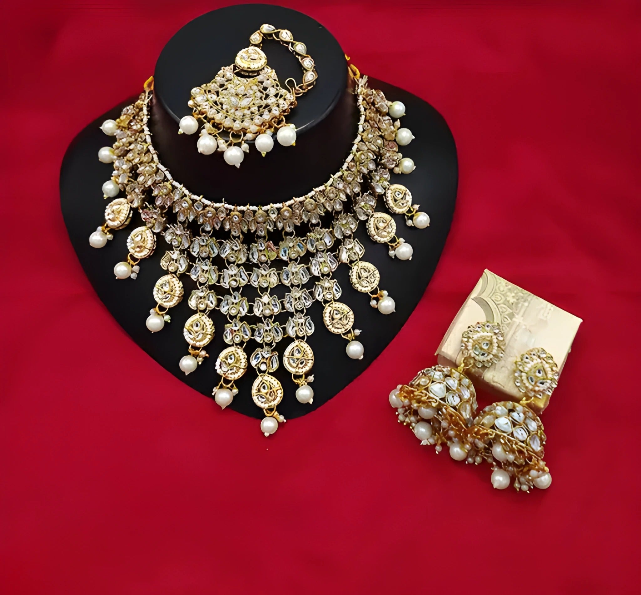 Jewel City Kundan Choker Necklace Set with Maang Tikka & Jhumka Earrings - Traditional Indian Bridal Jewelry Collection Gold-Plated