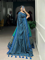 Thumbnail for Vastranavya Bandhej And Ajarakh Print Tussar Silk Lehenga Choli - Green - Distacart