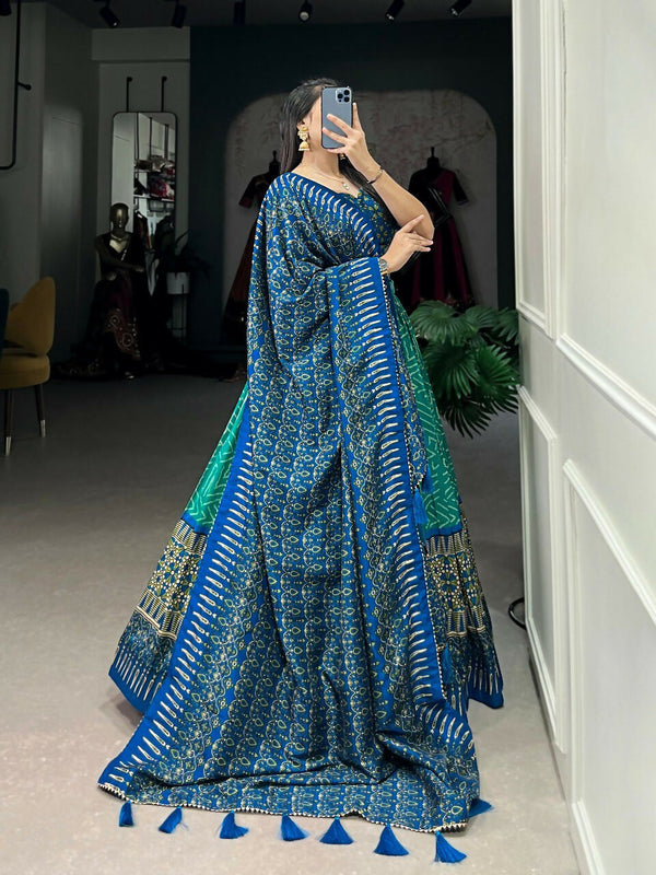 Vastranavya Bandhej And Ajarakh Print Tussar Silk Lehenga Choli - Green - Distacart