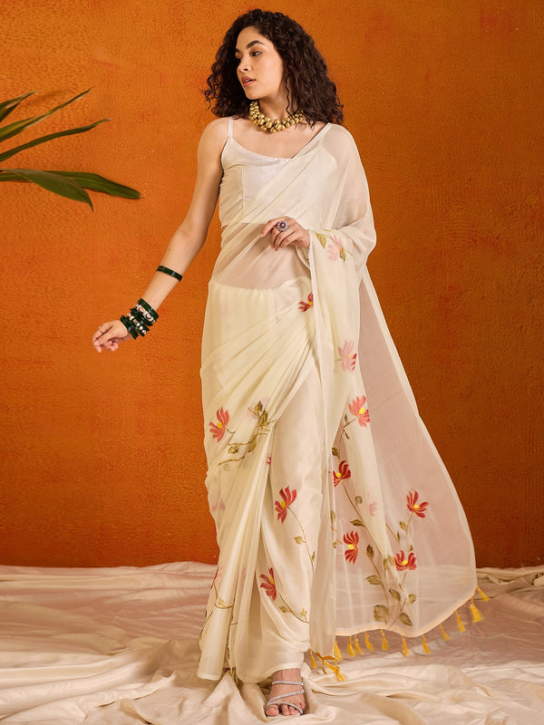 NOZ2TOZ Women's Chiffon Off White Printed Designer Saree With Blouse Piece - Distacart