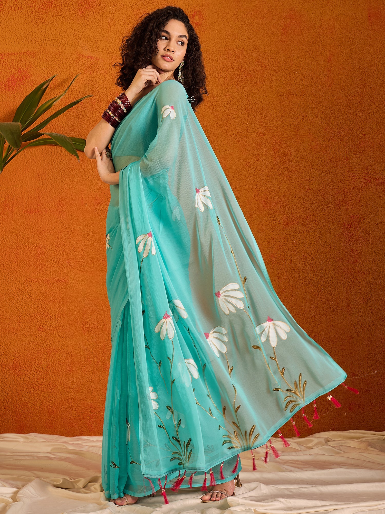 NOZ2TOZ Women's Chiffon Light Blue Printed Designer Saree With Blouse Piece - Distacart