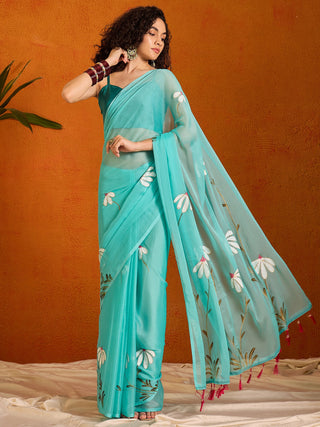 NOZ2TOZ Women's Chiffon Light Blue Printed Designer Saree With Blouse Piece - Distacart