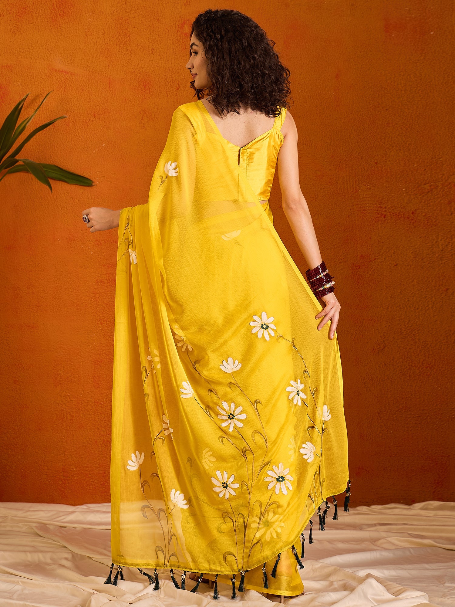 NOZ2TOZ Women's Chiffon Yellow Printed Designer Saree With Blouse Piece - Distacart