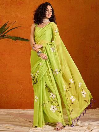 NOZ2TOZ Women's Chiffon Light Green Printed Designer Saree With Blouse Piece - Distacart