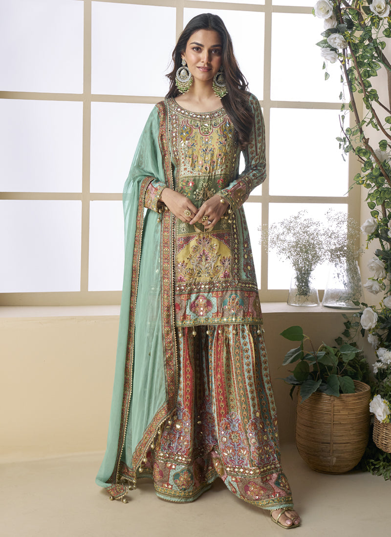 Vegaa Fashion See Green Crepe Silk Digital With Aari Work Palazzo Suit
