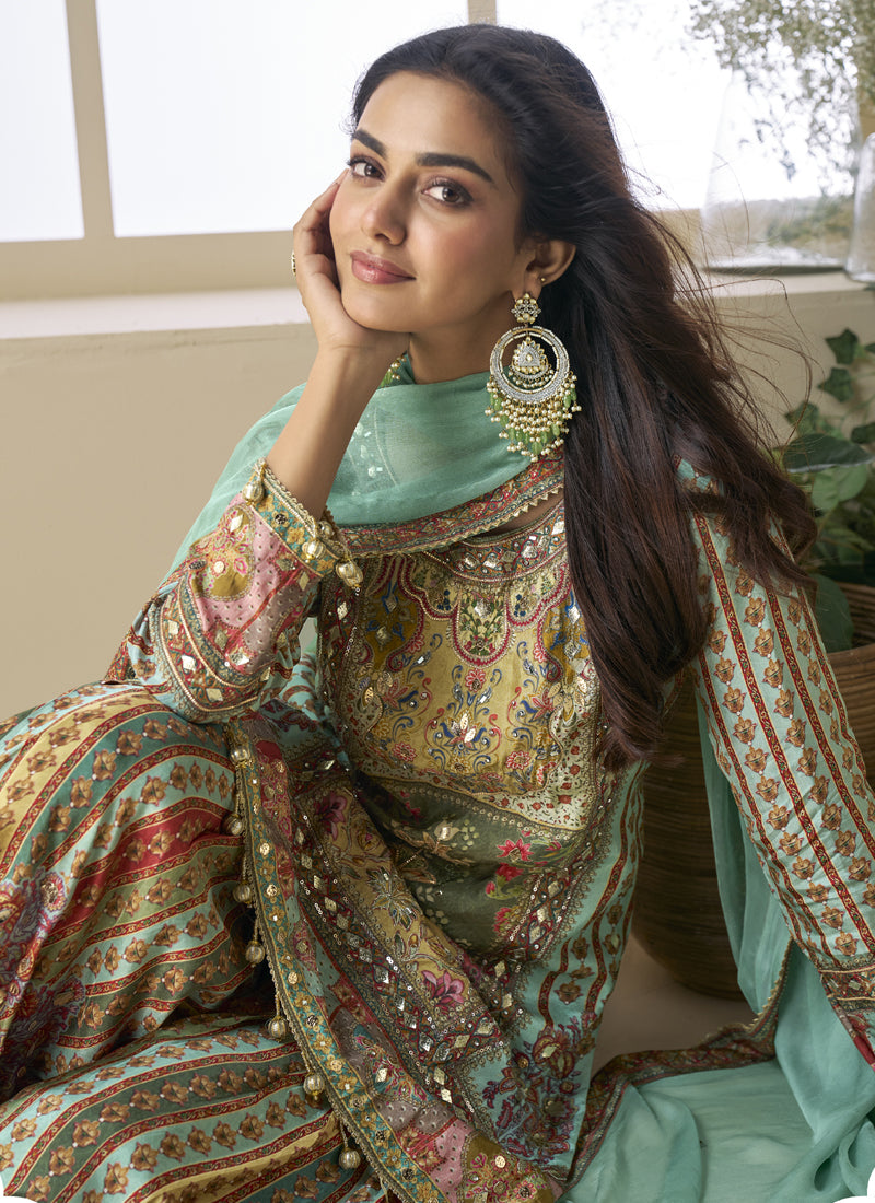 Vegaa Fashion See Green Crepe Silk Digital With Aari Work Palazzo Suit