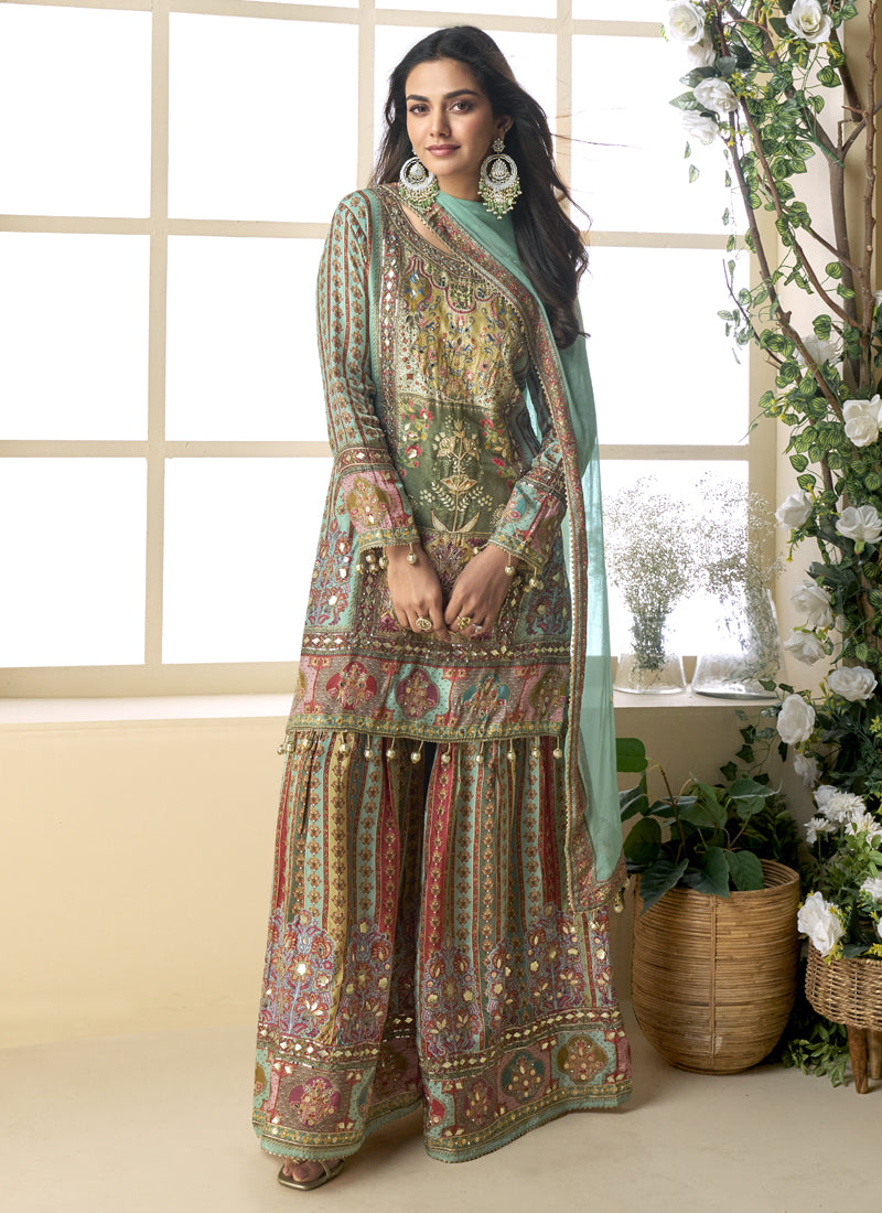 Vegaa Fashion See Green Crepe Silk Digital With Aari Work Palazzo Suit