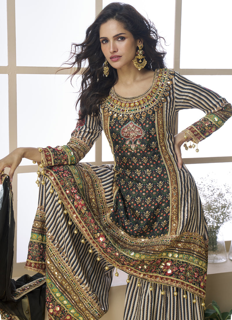 Vegaa Fashion Black Crepe Silk Digital With Aari Work Palazzo Suit