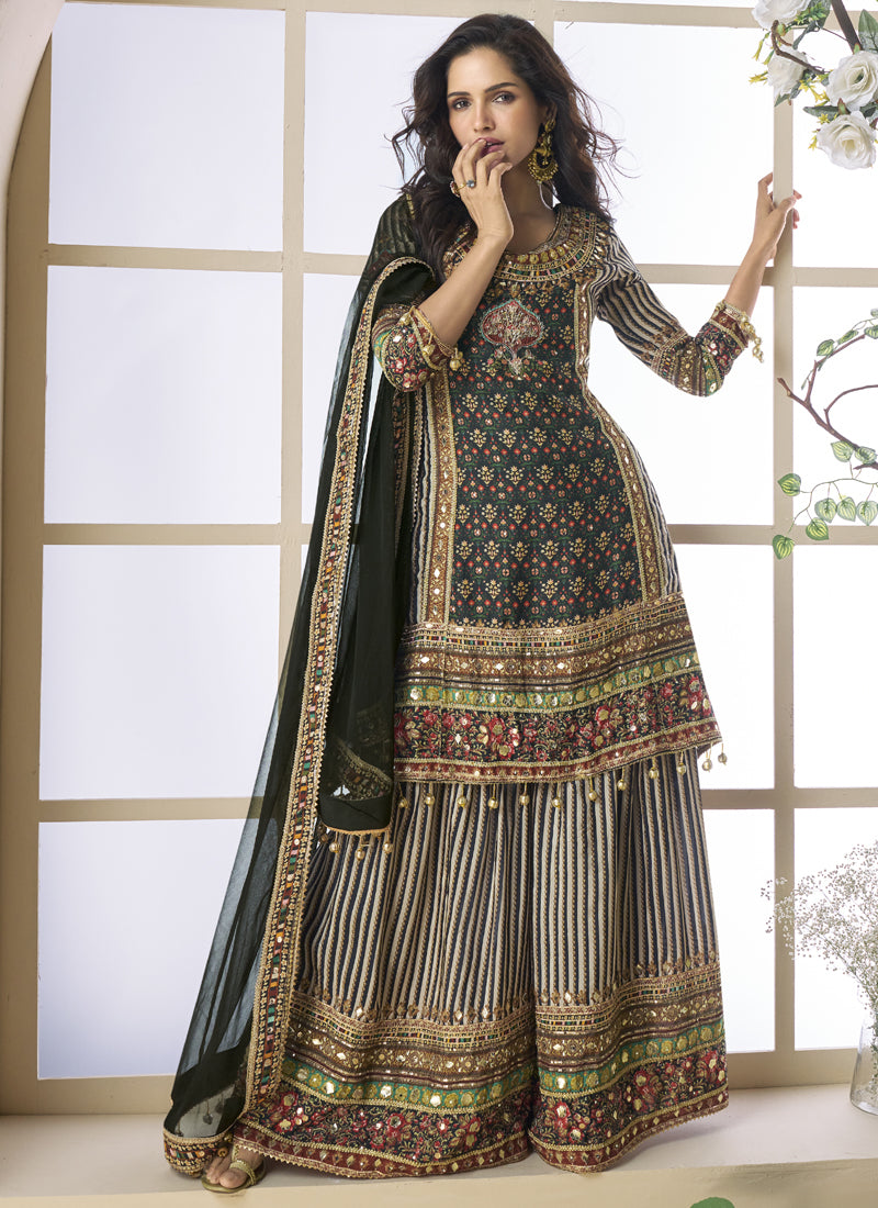 Vegaa Fashion Black Crepe Silk Digital With Aari Work Palazzo Suit