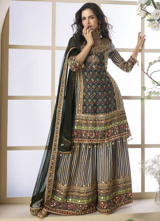 Vegaa Fashion Black Crepe Silk Digital With Aari Work Palazzo Suit