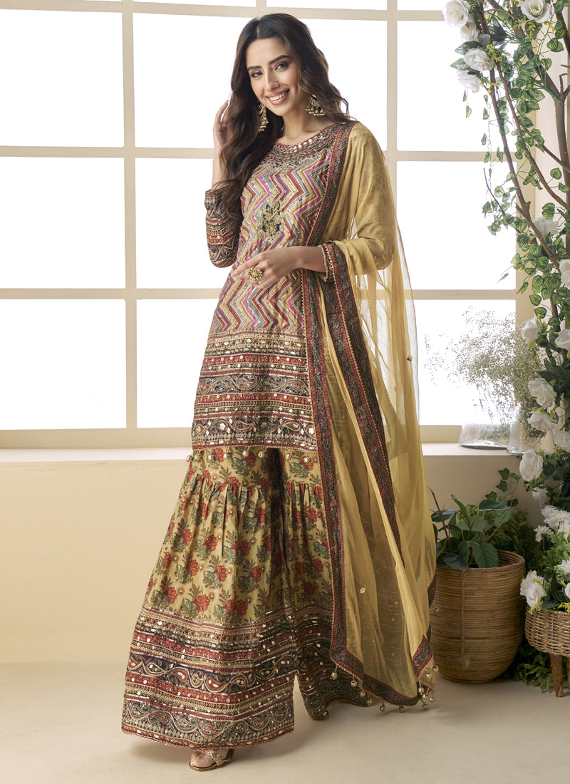 Vegaa Fashion Beige Crepe Silk Digital With Aari Work Palazzo Suit