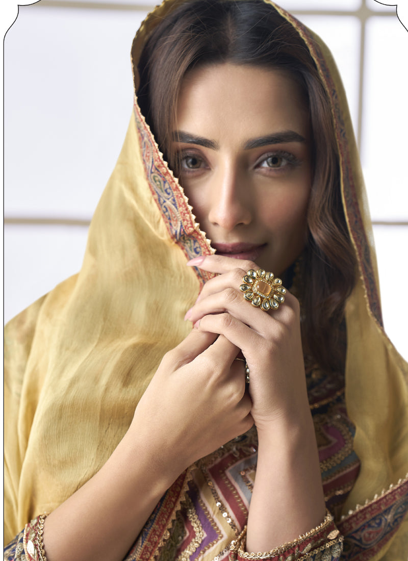 Vegaa Fashion Beige Crepe Silk Digital With Aari Work Palazzo Suit