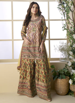 Vegaa Fashion Beige Crepe Silk Digital With Aari Work Palazzo Suit