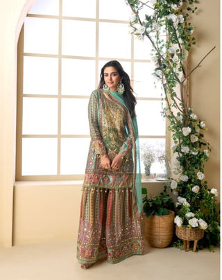 Aarshi Fashions Multicolor Crepe Silk Digital Print Wedding Palazzo Suit