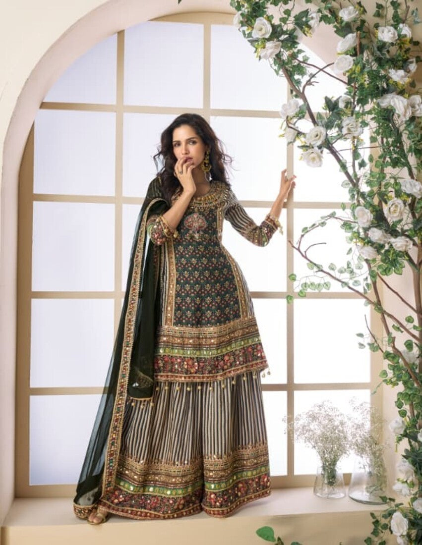 Aarshi Fashions Black & Brown Crepe Silk Digital Print Wedding Palazzo Suit