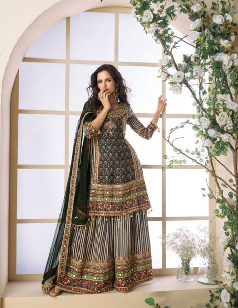 Aarshi Fashions Black & Brown Crepe Silk Digital Print Wedding Palazzo Suit