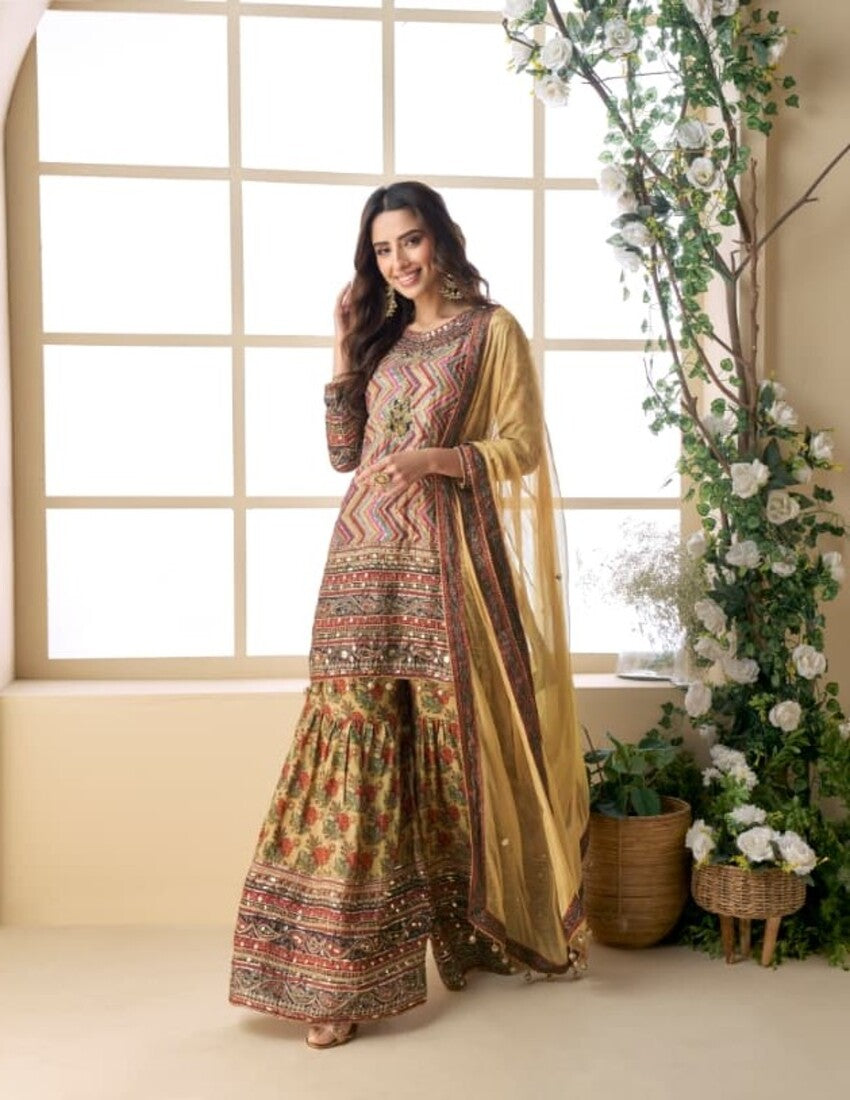 Aarshi Fashions Yellow & Brown Crepe Silk Digital Print Wedding Palazzo Suit