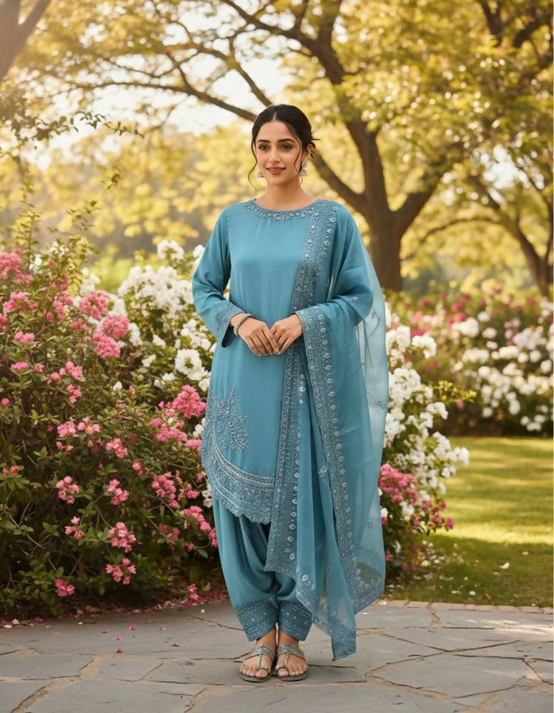 Teeya Creation Teal Color Natural Creap Silk Designer Fancy Party Wear Salwar Suit - Distacart