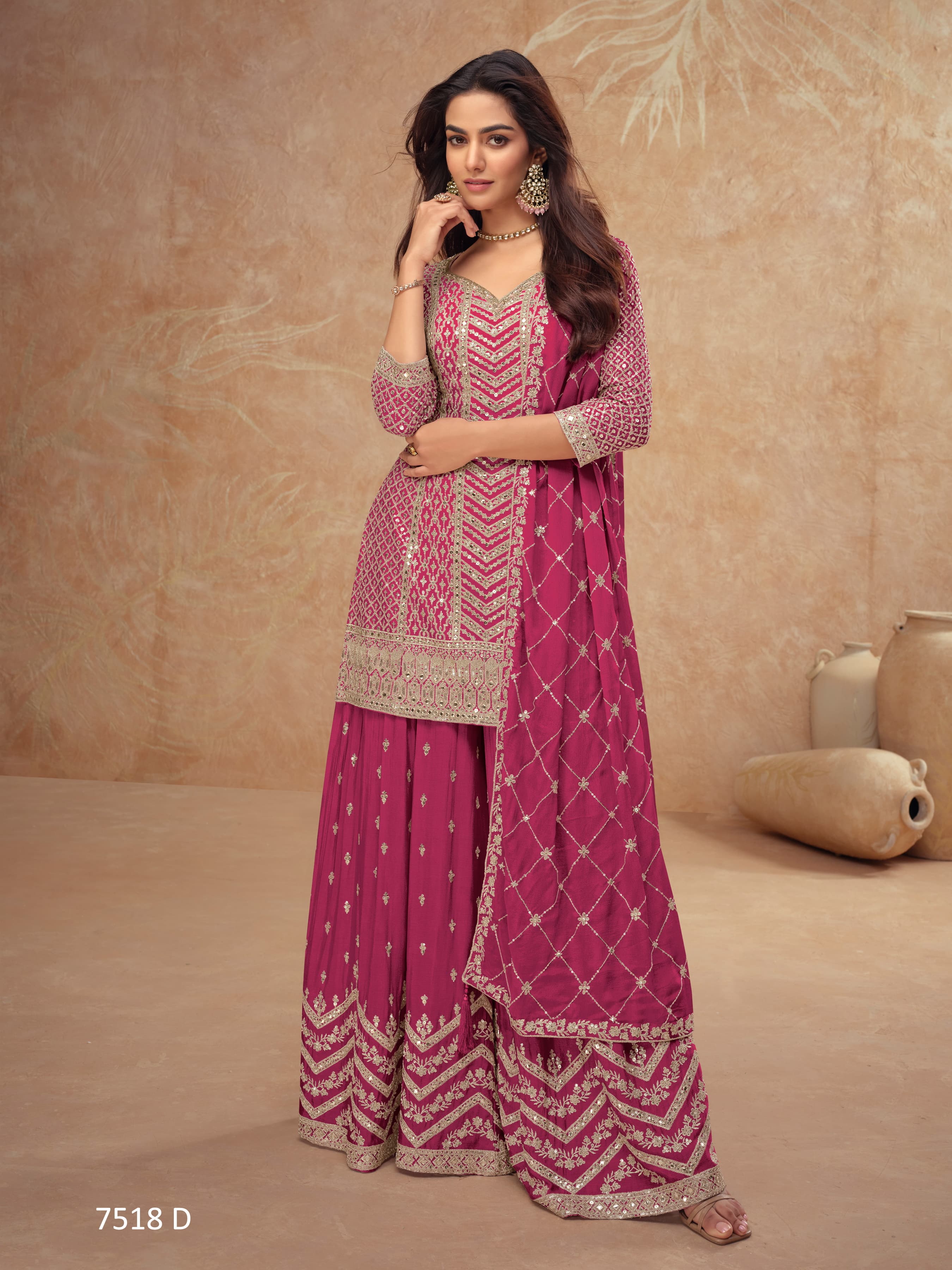 Aarshi Fashions Dark Pink Heavy Embroidery Dola Silk Suit