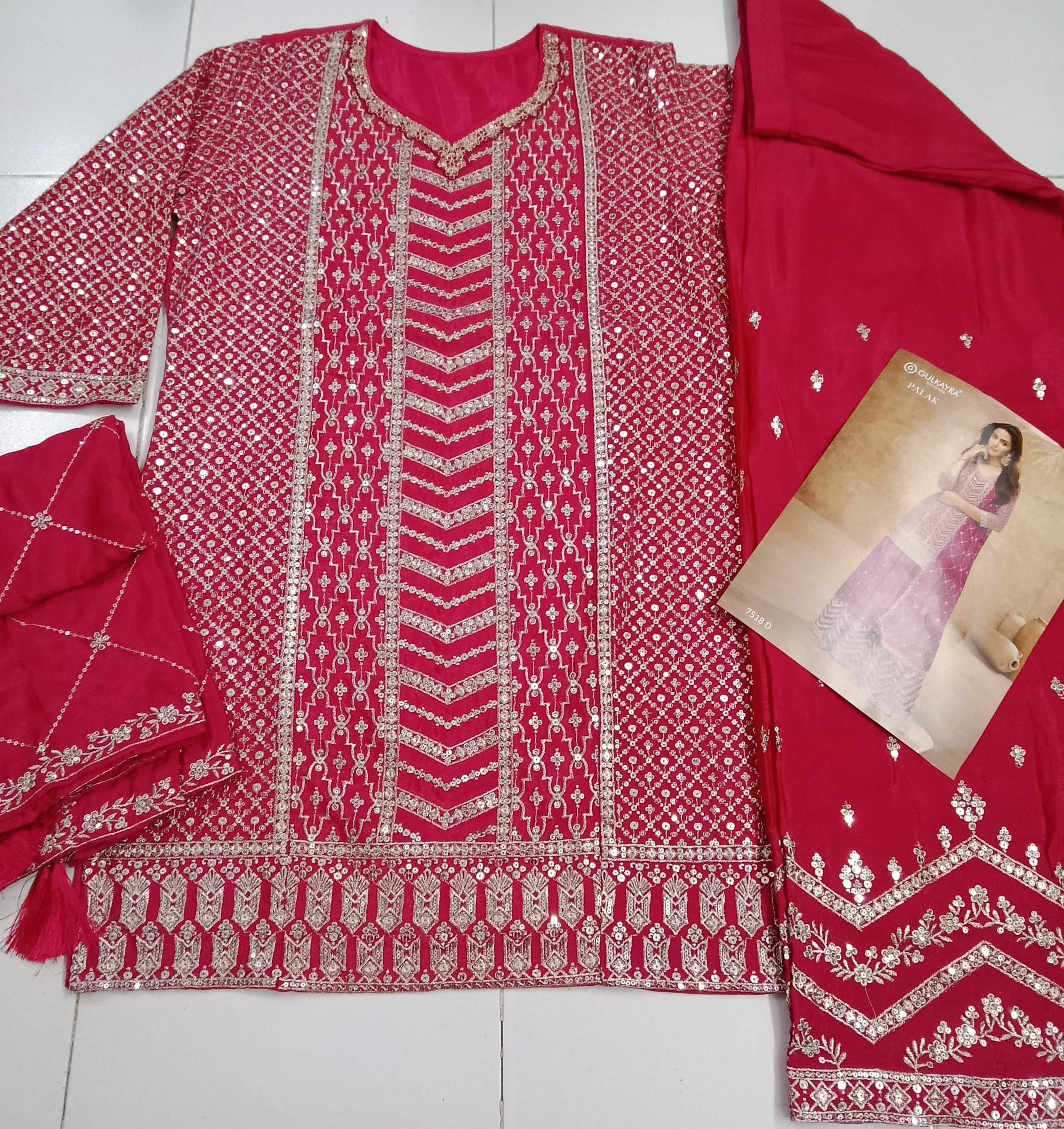 Aarshi Fashions Dark Pink Heavy Embroidery Dola Silk Suit