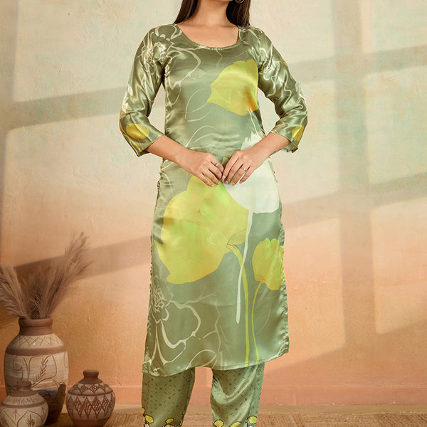 Prazu Fashion Mahendi Green Printed Cotton Reyon Kurta Pant Set - Distacart
