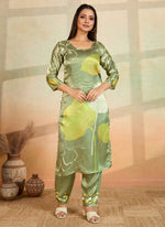 Thumbnail for Prazu Fashion Mahendi Green Printed Cotton Reyon Kurta Pant Set - Distacart