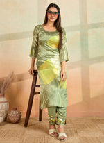 Thumbnail for Prazu Fashion Mahendi Green Printed Cotton Reyon Kurta Pant Set - Distacart