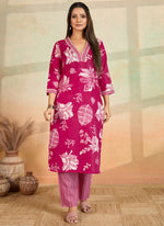 Thumbnail for Prazu Fashion Pink Printed Cotton Blend Kurta Pant Set - Distacart