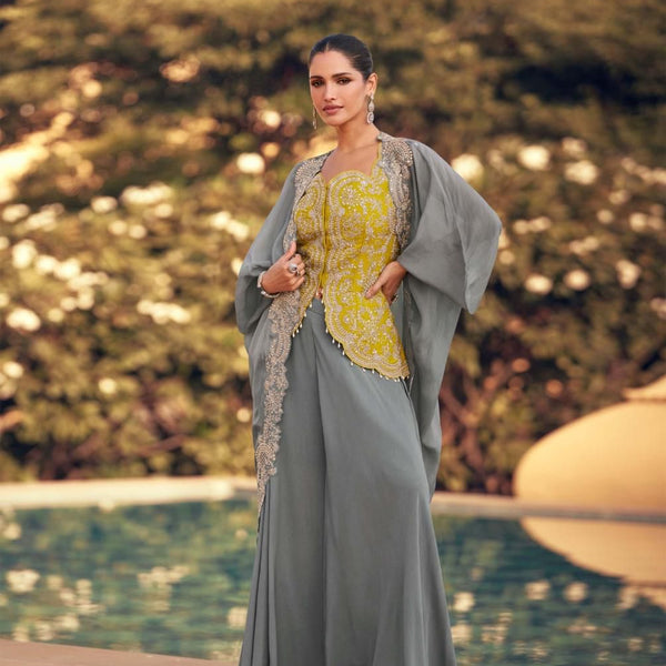 Aarshi Fashions Yellow Chinon Wedding Gowns