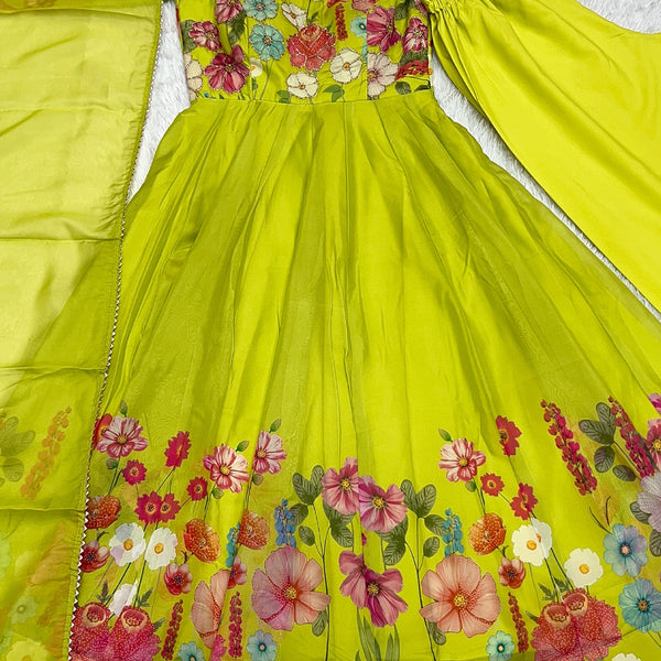 Evanik Parrot Soft Organza Silk With Floral Print Fully Flared Anarkali Pant With Dupatta Set