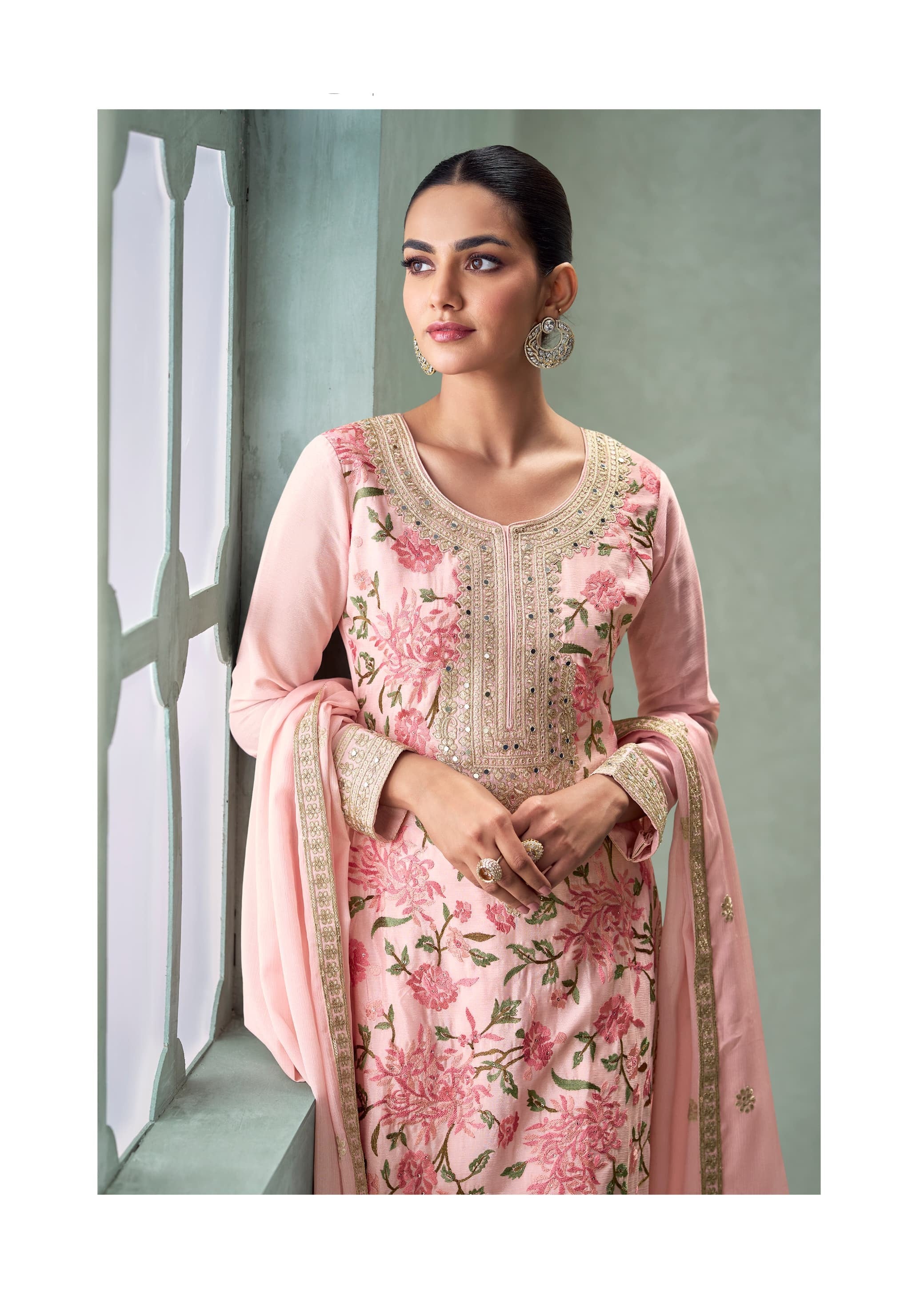 Aarshi Fashions Light Pink Chinon Heavy Embroidery Wedding Palazzo Suit