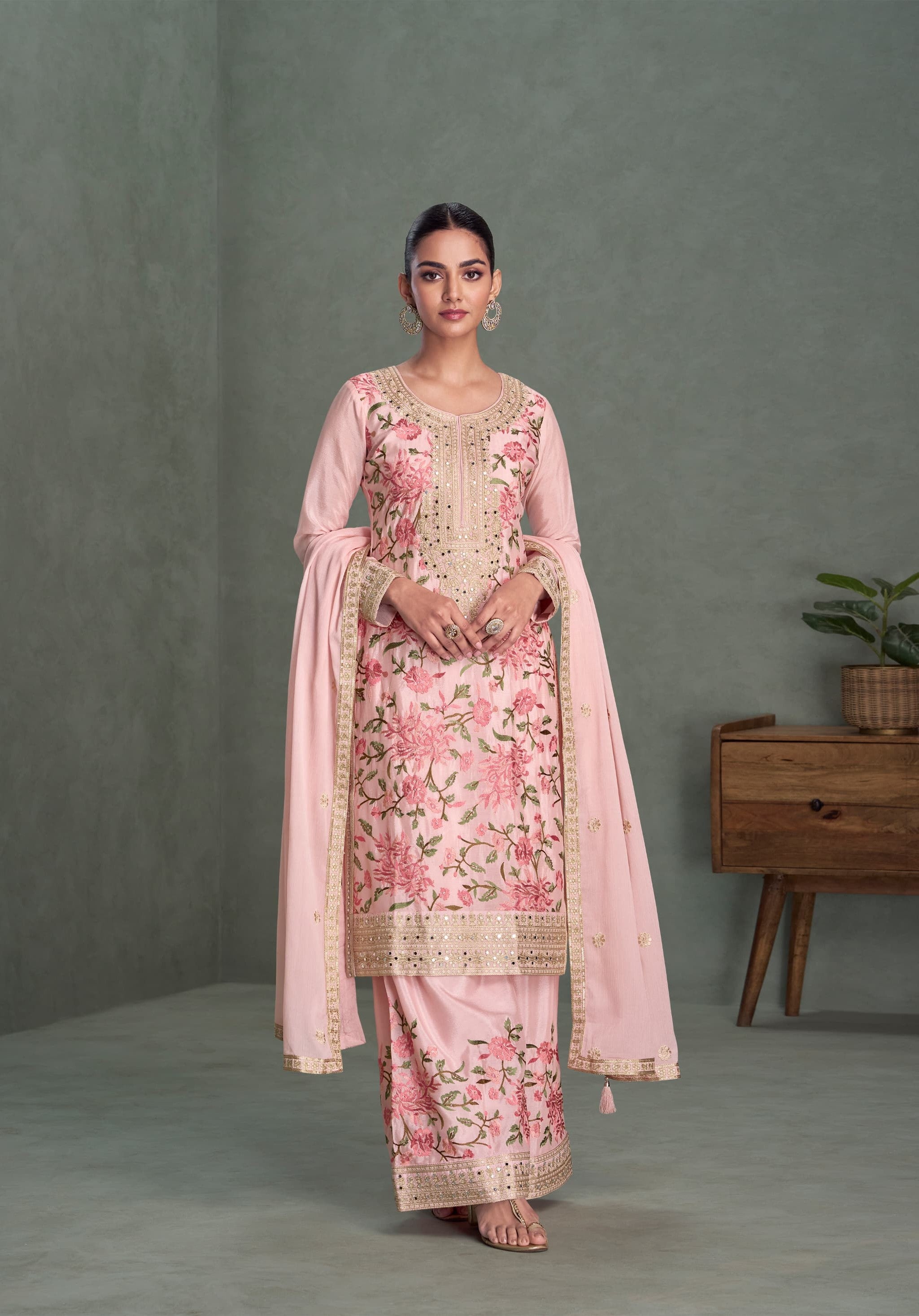 Aarshi Fashions Light Pink Chinon Heavy Embroidery Wedding Palazzo Suit